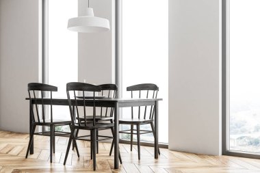 Beyaz İskandinav tarzı yemek odası iç ahşap zemin, sandalye ve loft windows ile siyah bir tablo ile. Yakın çekim. 3D render alay