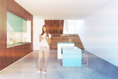 Siyah ve beyaz özgün mutfak iç bir beton zemin, siyah ve mavi mutfak tezgahı ve loft windows. Bar. Yan görünümü. Kadın. 3D render sahte tonlu görüntü