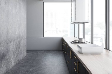 Dar beyaz ve beton mutfak iç bir beton zemin, siyah mutfak tezgahı ve panoramik pencereler ile. 3D render alay