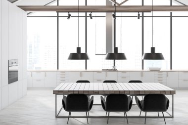 Beyaz mutfak tezgahı, bir Ocak, bir ahşap zemin ve uzun ahşap bir masa sandalye ile panoramik mutfak iç. 3D render alay