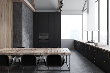 Dar beyaz ve beton mutfak iç bir beton zemin, siyah mutfak tezgahı ve panoramik pencereler ile. Uzun bir masa sandalye ile. 3D render alay