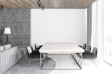 Panoramik yemek odası iç beton ve beyaz duvarlı bir beton zemin ve uzun ahşap bir masa sandalye ile çatı. Boş sahte duvar. 3D render