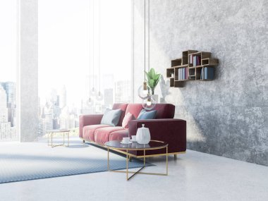 Beton çatı katta, kırmızı bir kanepe ve raflardan bir halı ile oturma odası iç. Yan görünümü. 3D render alay