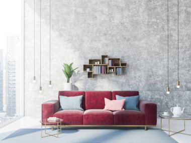 Beton çatı katta, kırmızı bir kanepe ve raflardan bir halı ile oturma odası iç. 3D render alay