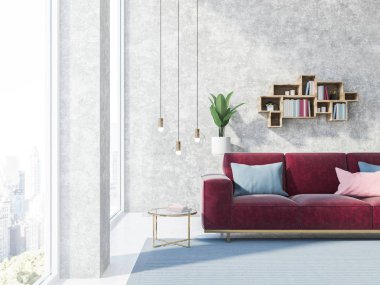 Beton çatı katta, kırmızı bir kanepe ve raflardan bir halı ile oturma odası iç. A yakın çekim. 3D render alay