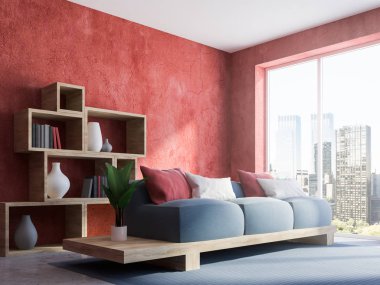 Katta, gri bir kanepe ve raflardan kırmızı loft salon köşe bir halı ile. 3D render alay