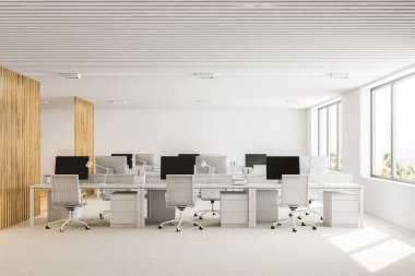 Beyaz ve ahşap planı ofis iç beyaz bir zemin, çatı windows ve bilgisayar tabloları satırları ile açın. 3D render alay
