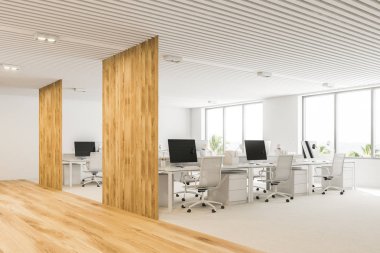 Beyaz ve ahşap planı office köşe beyaz bir zemin, çatı windows ve bilgisayar tabloları satırları ile açın. 3D render alay