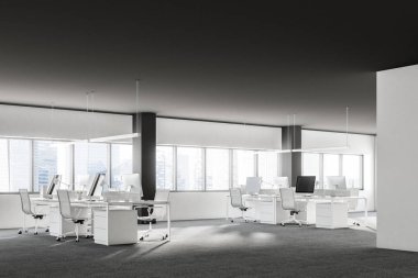 Açık alan office Bilgisayar masaları ve onlara yakın duran beyaz sandalye ile. Bilgisayar ekranları siyah. Yan görünümü. 3D render alay