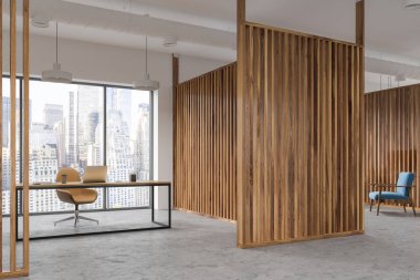 İç bir Yöneticisi s ofis ahşap duvarlar, panoramik pencerelere, bir masa ve sarı bir sandalye. 3D render alay