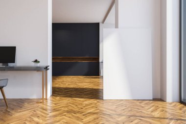 Koyu Gri duvarlar, çatı windows, ahşap zemin ve şık bilgisayar masa müdür ofis. Bir boş duvar ön plan. 3D render alay