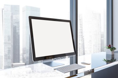 Bilgisayar monitör ekran ayakta bir çatı ofiste bir cityscape ile cam tabloda alay. Pazarlama ve reklam kavramı. 3D render