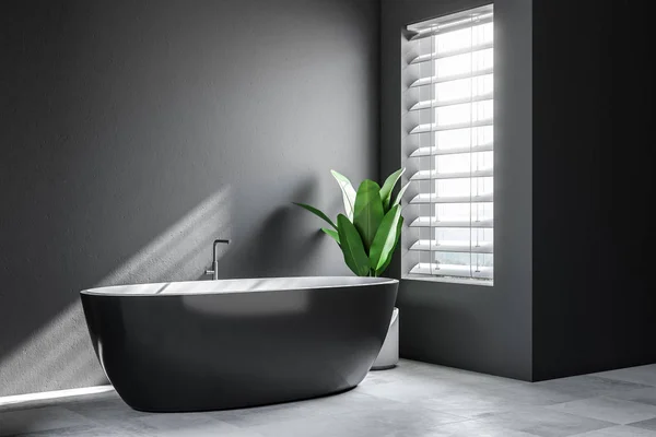 Minimalistic bathroom corner with gray walls, a tiled white floor, and a black bathtub with a potted plant standing near it. Scandinavian style. 3d rendering mock up