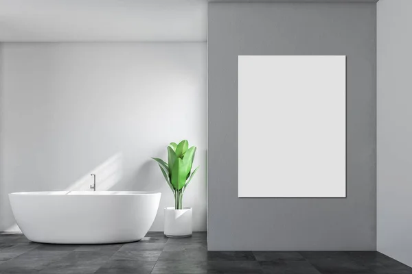 Minimalistic bathroom interior with white walls, a tiled black floor, and a white bathtub with a potted plant standing near it. Scandinavian style. A blank veritcal poster. 3d rendering mock up