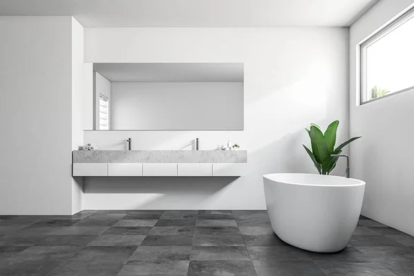 白い壁 黒い床がタイル張り 白いバスタブ シャワー ダブルのシンクと高級バスルーム インテリア 細い横長の窓 北欧スタイル 側面図です レンダリング — ストック写真