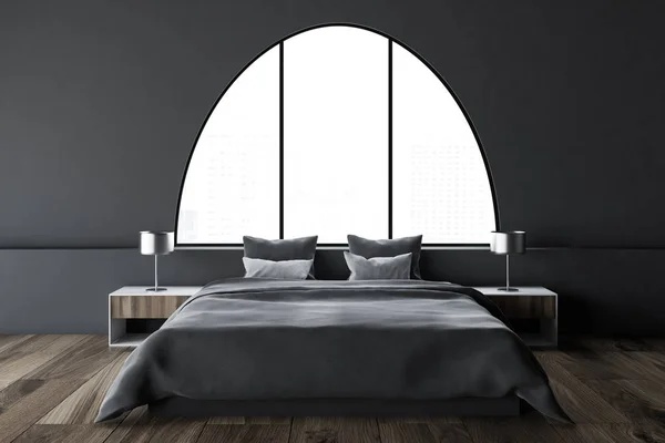 Master bedroom interior with dark gray walls, a master bed and two lamps standing on bedside tables. Arched windows. 3d rendering mock up