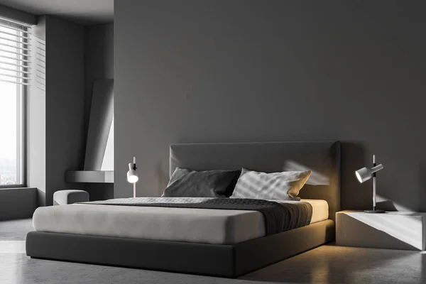 Luxus Schlafzimmerecke Mit Grauen Wänden Einem Betonboden Und Einem King — Stockfoto