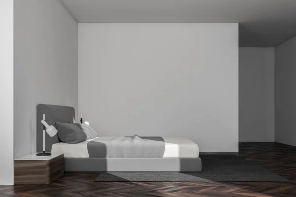 Minimalistic Bedroom Corner White Walls Wooden Floor King Size Bed — Stock Photo, Image