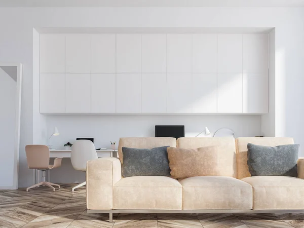 White Home Office Interior Two Tables Computer Screens Them Standing — Stock Photo, Image