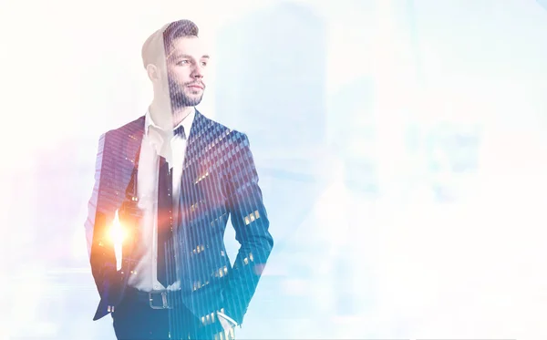 Handsome Young Businessman Wearing Suit Standing Hands Pockets Looking Forward — Stock Photo, Image