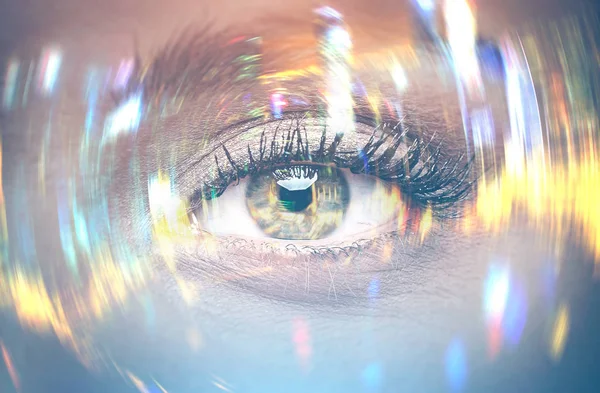 Close Beautiful Woman Eye Long Eyelashes Rays Light Splashes Abstract — Stock Photo, Image