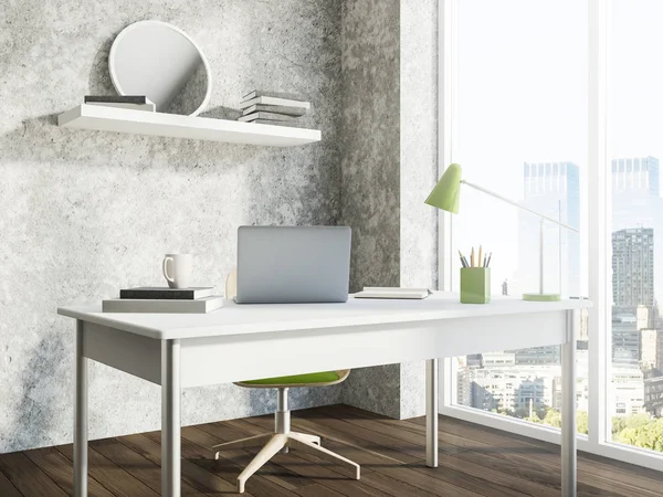 Luxury home office interior with concrete walls, a wooden floor and a neat computer table with a chair standing near it. 3d rendering mock up
