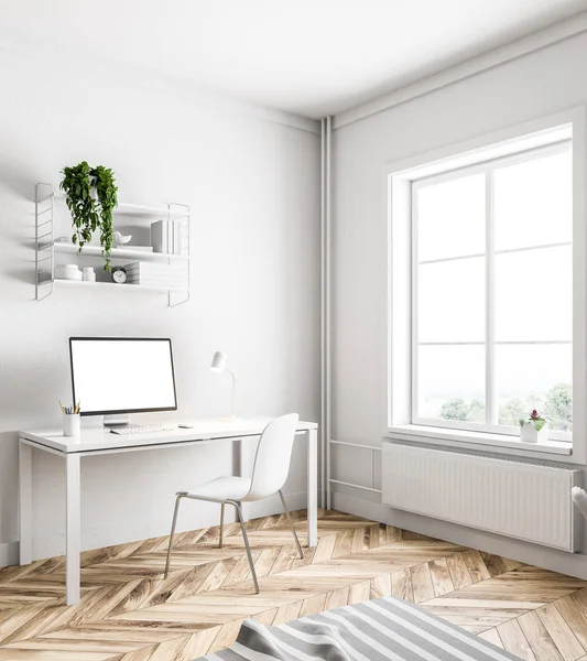 Simple home office workplace with a white table and chair, a mock up computer screen and a wooden floor with a rug on it. 3d rendering