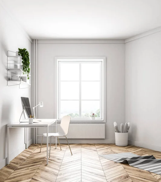Bir masa ve bir boş bilgisayar ekranında bu büyük bir pencere ile bir hipster odada ayakta beyaz ev ofis iç. Yan görüntülemek 3d render sahte
