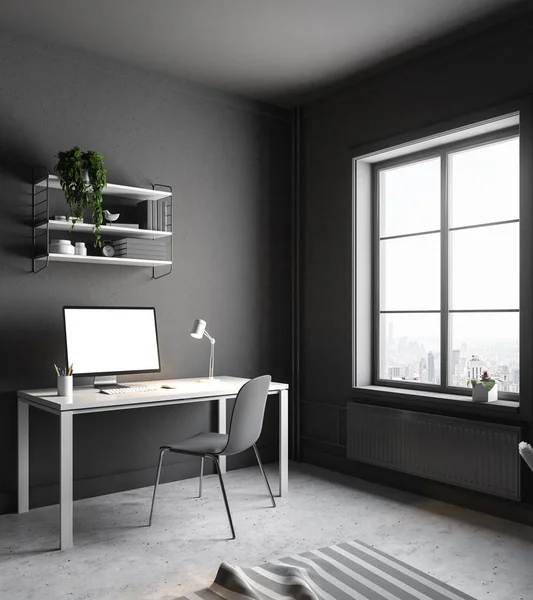 Dark Gray Home Office Interior Table Blank Computer Screen Standing — Stock Photo, Image