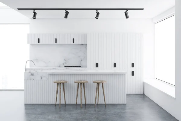 Intérieur Cuisine Loft Avec Murs Blancs Plancher Béton Bar Blanc — Photo