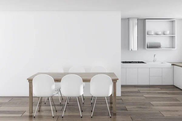 Scandinavian Style Kitchen Interior White Walls Wooden Floor White Countertops — Stock Photo, Image