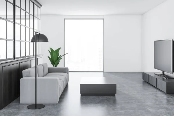 White Living Room Interior Gray Floor Long Comfortable White Couch — Stock Photo, Image