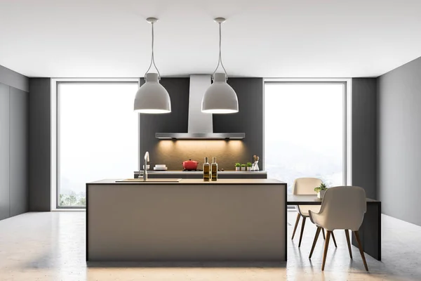 Loft Cucina Interna Con Pareti Grigie Pavimento Cemento Bar Bianco — Foto Stock