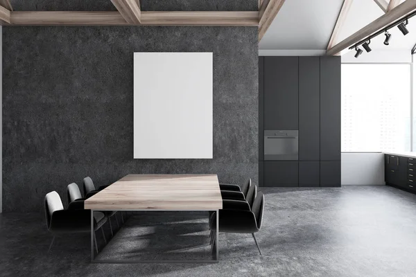 阁楼厨房内部有混凝土墙和地板 灰色台面与内置的器具和一个木制桌子与椅子 垂直空白海报3D 渲染模拟 — 图库照片