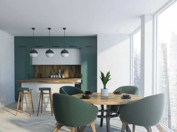 Intérieur Salle Manger Blanc Vert Avec Sol Béton Une Table — Photo