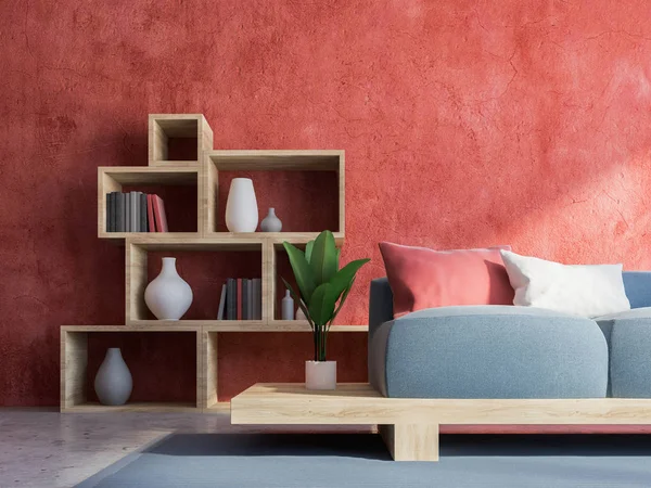 Rode Loft Woonkamer Interieur Met Een Tapijt Vloer Een Grijze — Stockfoto