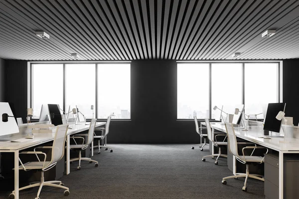 Grauen Großraumbüro Interieur Mit Grauem Boden Loft Fenstern Und Reihen — Stockfoto
