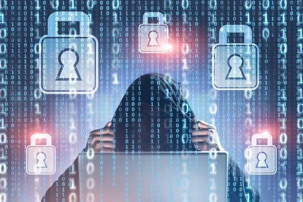 Hacker Een Hoodie Zitten Met Laptop Gloeiende Binaire Cijfers Onscherpe — Stockfoto