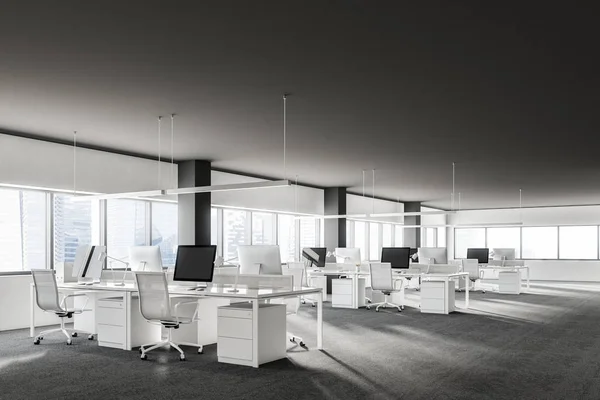 Open Space Office Interior Rows Computer Desks White Chairs Standing — Stock Photo, Image