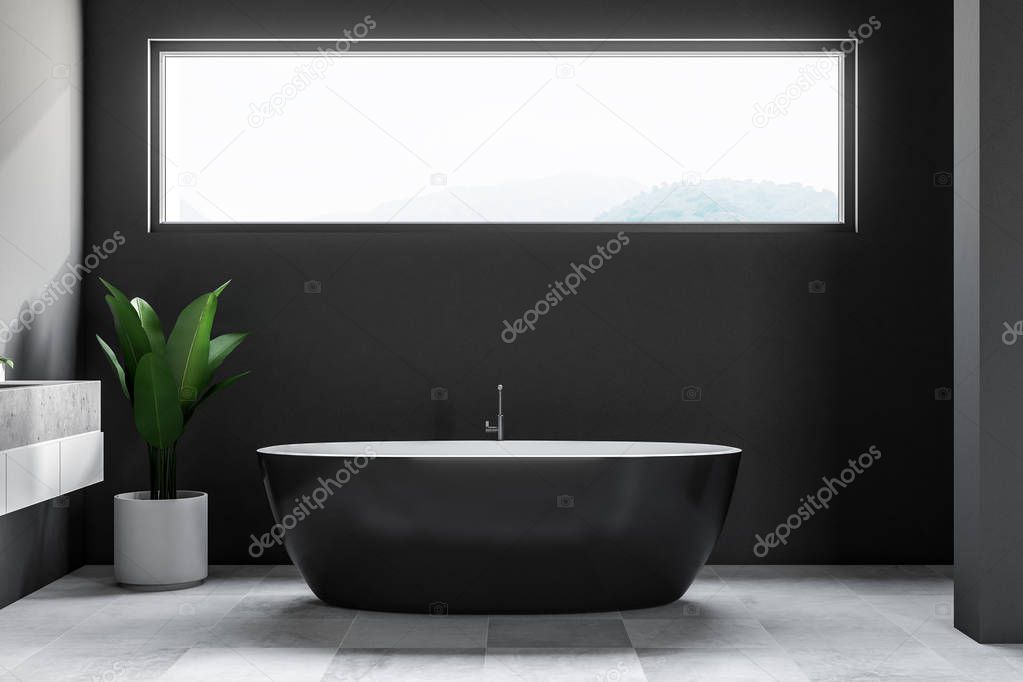 Luxury bathroom interior with gray walls, a tiled floor, a black bathtub, and a sink. A narrow horizontal window. Scandinavian style. 3d rendering