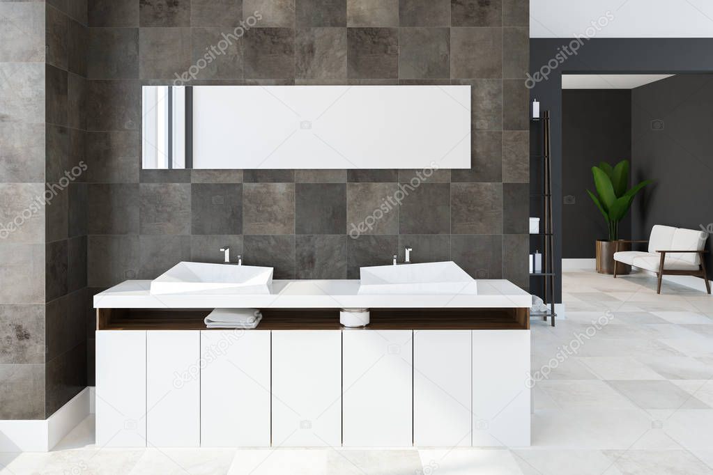 White twin sink vanity unit attached to a black tile bathroom wall with a long horizontal mirror hanging above it. Concept of a cozy home and relaxation. 3d rendering