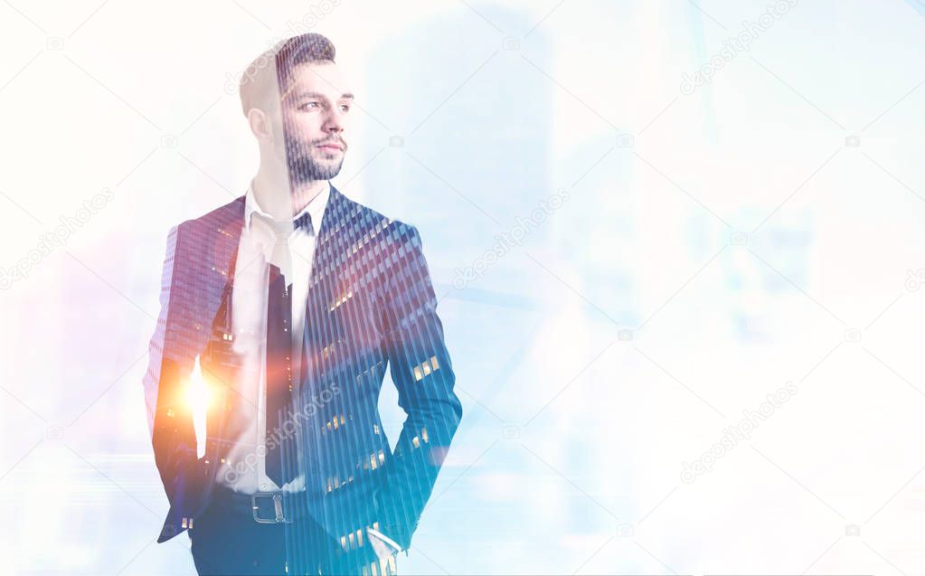 Handsome young businessman wearing a suit and standing with hands in pockets looking forward against a foggy cityscape. Leadership concept. Toned image double exposure mock up.