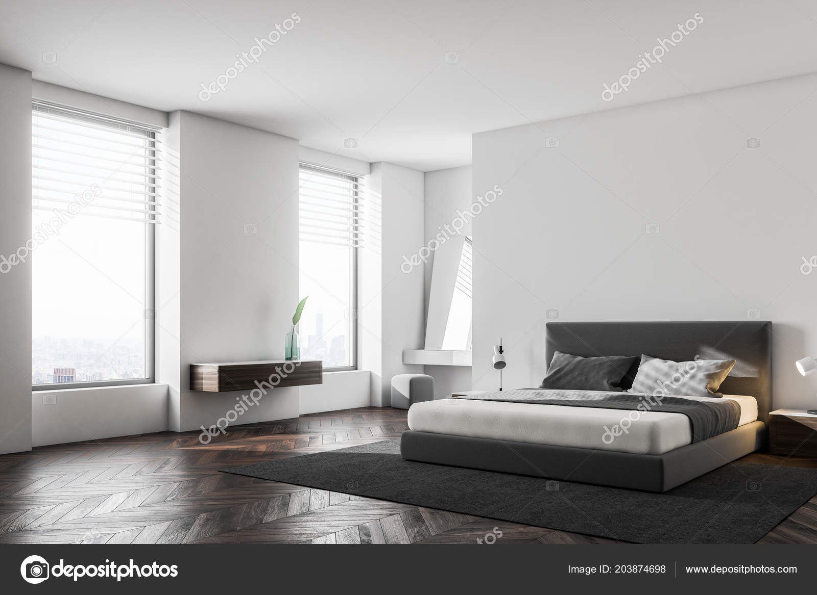 Luxury Bedroom Corner White Walls Wooden Floor King Size Bed