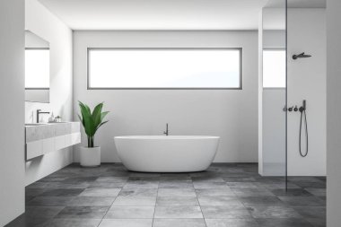 Beyaz duvarları, kiremitli bir siyah zemin, beyaz bir küvet, duş ve bir çift lavabo ile lüks banyo iç. Dar yatay pencere. İskandinav tarzı. 3D render