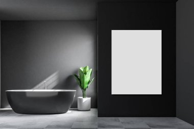 Gri duvarlar, kiremitli bir beyaz zemin ve yakınında bir saksı bitki konumu olan siyah bir küvet ile minimalist banyo iç. İskandinav tarzı. Boş veritcal poster. 3D render alay