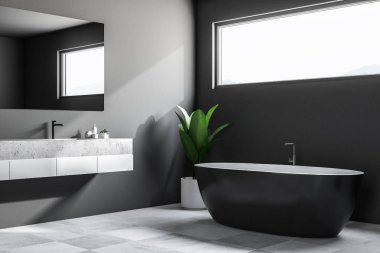 Gri duvarlar, kiremitli bir zemin, siyah bir küvet ve lavabo ile lüks banyo köşesi. Dar yatay pencere. İskandinav tarzı. 3D render