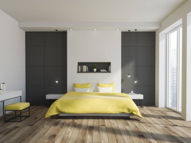 Beyaz ve gri duvar yatak odası iç sarı bir yatak, bir ahşap zemin ve bir pencere üstünde bir rafta. 3D render alay