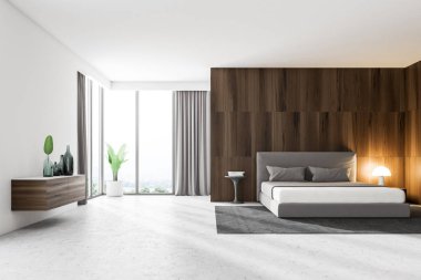 Koyu ahşap duvarlar, gri bir karyola ve bir masanın üzerinde duran bir lamba ile yatak odası iç. Vazo ile bir dolap. 3D render alay