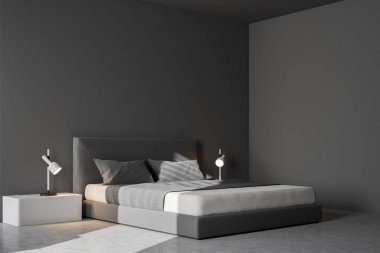 Minimalist yatak köşe Gri duvarlar, beton zemin ve bir yatak. İskandinav tarzı. 3D render alay