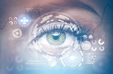 Bir güzel kadın göz uzun kirpik ile kapatın. HUD ve inforgraphics. Veri temsili. Tonlu görüntü pozlama sahte katlayın